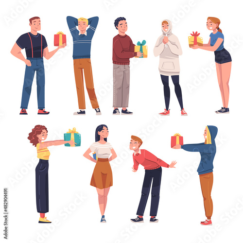 People Character Giving and Receiving Gift Box Engaged in Holiday Congratulation Vector Illustration Set