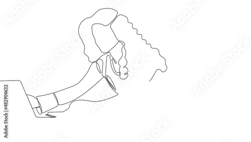 One line. Middle aged business woman using laptop working on computer sitting at desk with black line and white background. High quality 4k footage