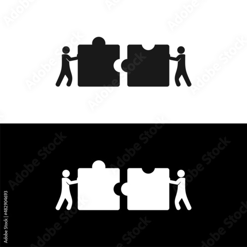 illustration of two people trying to put a puzzle together, Team work icon isolated on white background.