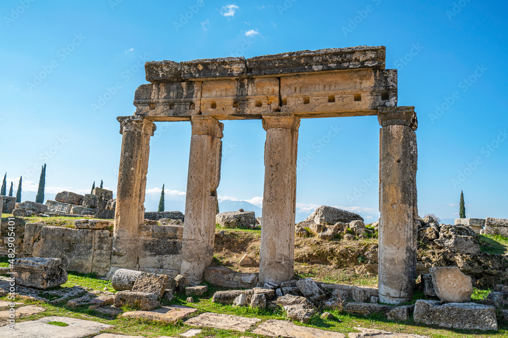 Scenic view of Hierapolis, was an ancient Greek city on hot springs in classical Phrygia,its ruins are adjacent to modern Pamukkale in Turkey and currently comprise an archaeological museum.