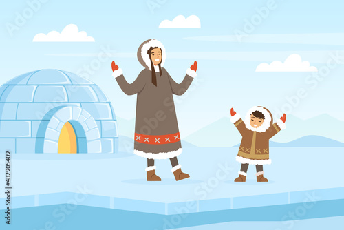 Eskimo Indigenous Woman with Kid Near Icy Igloo Vector Illustration