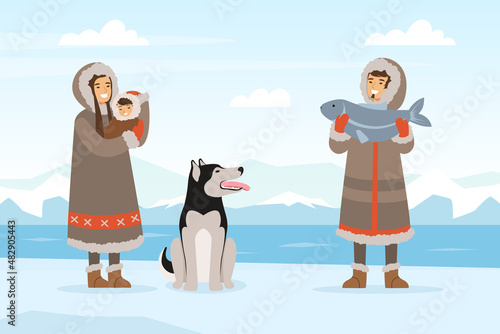 Eskimo Indigenous Family with Kid and Husky Dog Catching Fish Vector Illustration