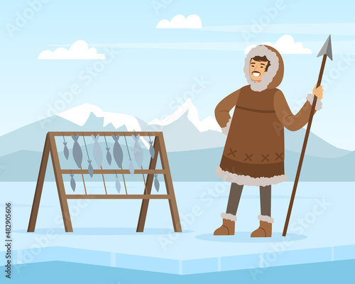 Eskimo Indigenous Man with Spear Near Fish Rack Vector Illustration