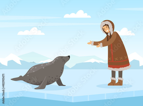 Eskimo Indigenous Woman with Hair Seal Vector Illustration