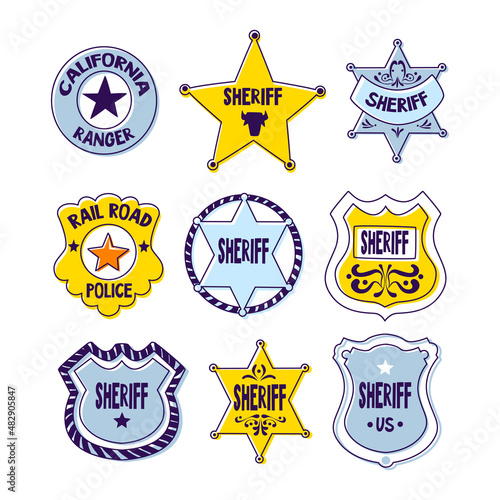 Sheriff Star Badge or Western Police Shield Vector Set