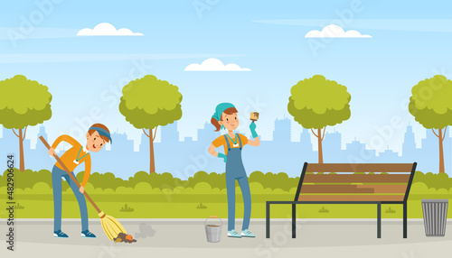 Man and Woman Volunteer Painting Bench in the Park and Sweeping Ground with Broom Vector Illustration