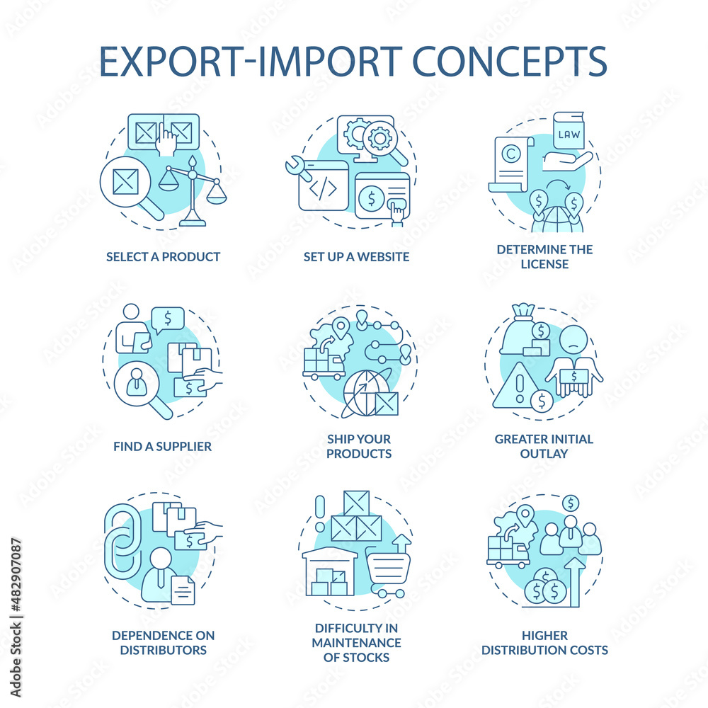 Export and import business turquoise concept icons set. Entrepreneurship idea thin line color illustrations. Isolated outline drawings. Editable stroke. Roboto-Medium, Myriad Pro-Bold fonts used