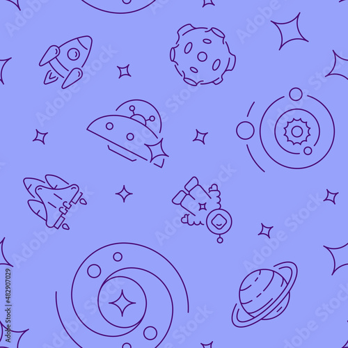 Crewed spaceflight abstract seamless pattern. Vector shapes on purple background. Trendy texture with cartoon color icons. Design with graphic elements for interior, fabric, website decoration