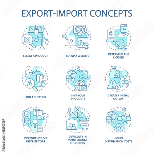 Export and import business turquoise concept icons set. Entrepreneurship idea thin line color illustrations. Isolated outline drawings. Editable stroke. Roboto-Medium, Myriad Pro-Bold fonts used