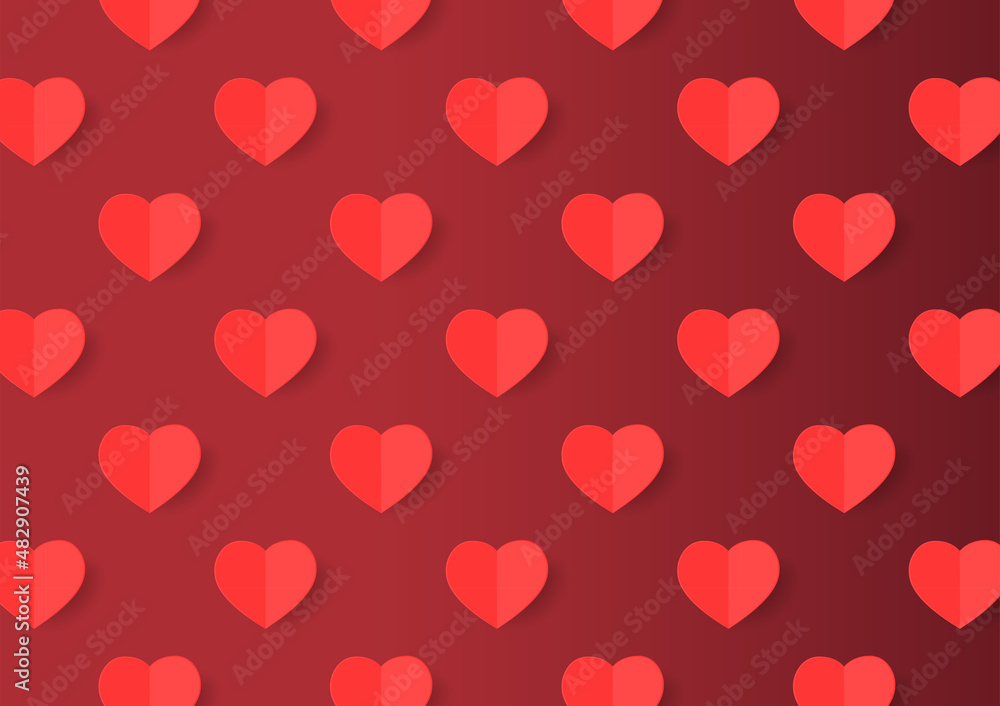 Hearts pattern wallpaper. Valentine background with red hearts. Paper style realistic valentines day card design.
