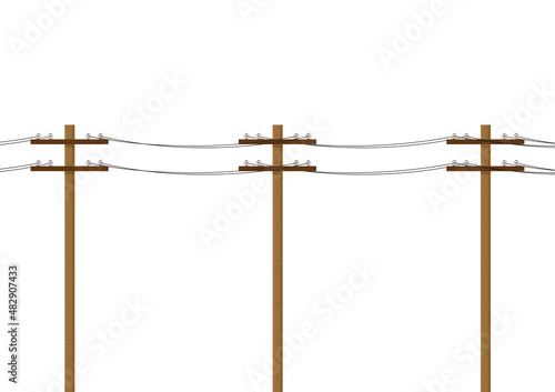 Electric pole isolated on white background. Wood power lines, Electric power transmission. High voltage wires. free space for text. copy space.