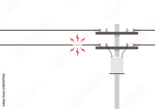 Broken electric pole damaged short circuit with spark. A vector illustration of damaged and broken power line. Power cut with broken power cables.