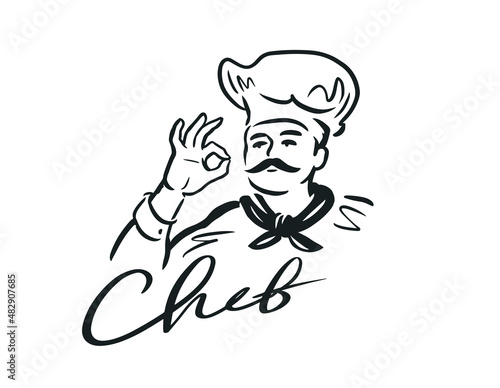 Chef with okay delicious hand sign. Cooking, restaurant logo. Vector illustration