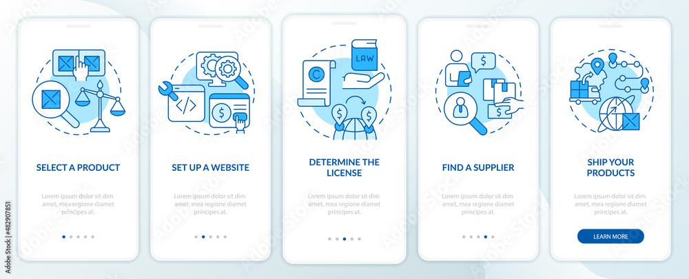 How to start export business blue onboarding mobile app screen. Walkthrough 5 steps graphic instructions pages with linear concepts. UI, UX, GUI template. Myriad Pro-Bold, Regular fonts used