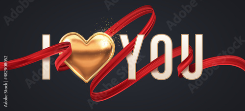 "I Love You" 3d Letters with golden heart and red elegant ribbon. Vector illustration. 