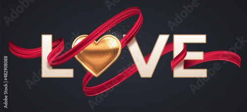 Love 3d Letters with golden heart and red elegant ribbon. Vector illustration. 