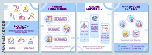 Export and import ideas brochure template. Transporting abroad. Leaflet design with linear icons. 4 vector layouts for presentation, annual reports. Arial-Black, Myriad Pro-Regular fonts used