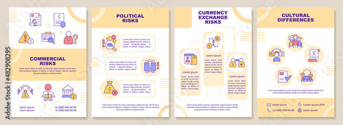 Export business risks brochure template. Cultural and political problem. Leaflet design with linear icons. 4 vector layouts for presentation, annual reports. Arial-Black, Myriad Pro-Regular fonts used