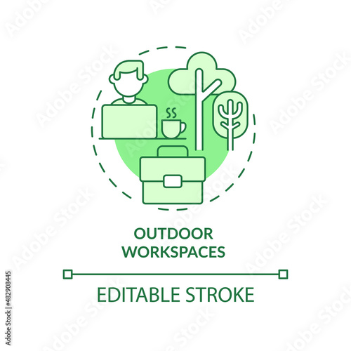 Outdoor workspaces green concept icon. Inspiring work environment abstract idea thin line illustration. Working outside. Isolated outline drawing. Editable stroke. Arial, Myriad Pro-Bold fonts used
