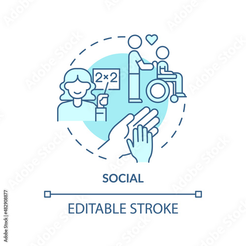 Social occupation turquoise concept icon. Work environment abstract idea thin line illustration. Nursing and education. Isolated outline drawing. Editable stroke. Arial, Myriad Pro-Bold fonts used © bsd studio
