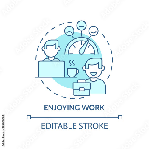 Enjoying work turquoise concept icon. Employee happiness importance abstract idea thin line illustration. Taking breaks. Isolated outline drawing. Editable stroke. Arial, Myriad Pro-Bold fonts used
