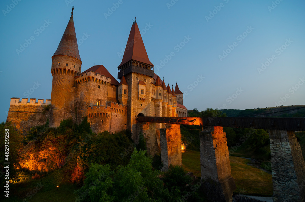 Corvin Castle at blue hour, Transylvania,. Romania