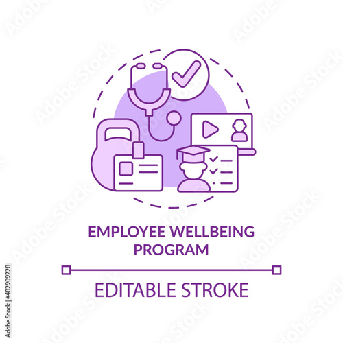 Employee wellbeing program purple concept icon. Fitness classes. Employee engagement abstract idea thin line illustration. Isolated outline drawing. Editable stroke. Arial, Myriad Pro-Bold fonts used