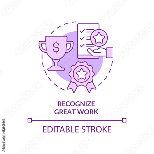 Recognize great work purple concept icon. Employee appreciation abstract idea thin line illustration. Boost confidence. Isolated outline drawing. Editable stroke. Arial, Myriad Pro-Bold fonts used