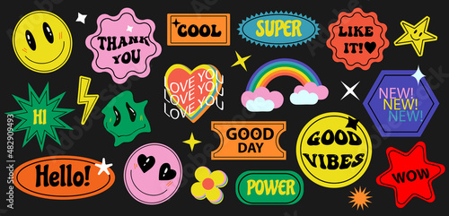Stickers Retro 70s set. Cool Trendy labels, badges. Modern acid patches hippie hipster style. Vector illustration
