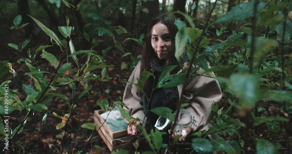Woman looks through forest foliage,while man walks in back Woman looks through forest foliage,while man walks in back