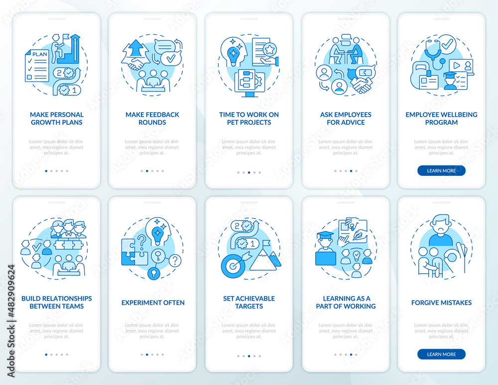 Employee engagement blue onboarding mobile app screen set. Wellbeing. Walkthrough 5 steps graphic instructions pages with linear concepts. UI, UX, GUI template. Myriad Pro-Bold, Regular fonts used