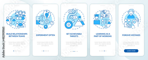 Worker commitment ideas blue onboarding mobile app screen. Experiment. Walkthrough 5 steps graphic instructions pages with linear concepts. UI, UX, GUI template. Myriad Pro-Bold, Regular fonts used