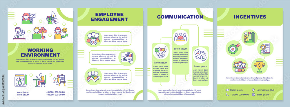 Conducive work environment green brochure template. Employee engagement. Leaflet design with linear icons. 4 vector layouts for presentation, annual reports. Arial-Black, Myriad Pro-Regular fonts used