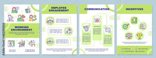 Conducive work environment green brochure template. Employee engagement. Leaflet design with linear icons. 4 vector layouts for presentation, annual reports. Arial-Black, Myriad Pro-Regular fonts used