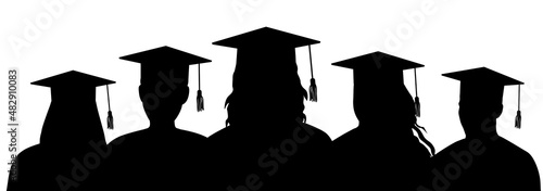 Silhouettes of graduates in graduation caps stand behind each other. Vector illustration
