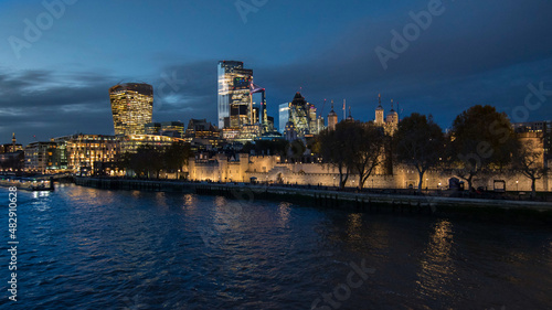 A beautiful sunset over the Tower of London and the skyscrapers of the City