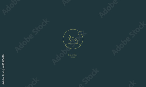 A line art icon logo of a house with a circle and sun/moon.