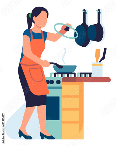 Cooking woman in kitchen. Person open pan and holding lid