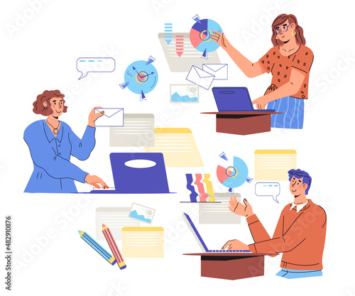 Business people working situations set, office workers working in office with laptop and computer, cartoon flat vector illustration isolated on white background.