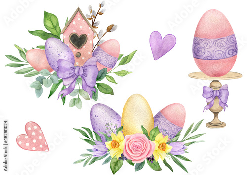 Watercolor Easter arrangements with eggs and flowers