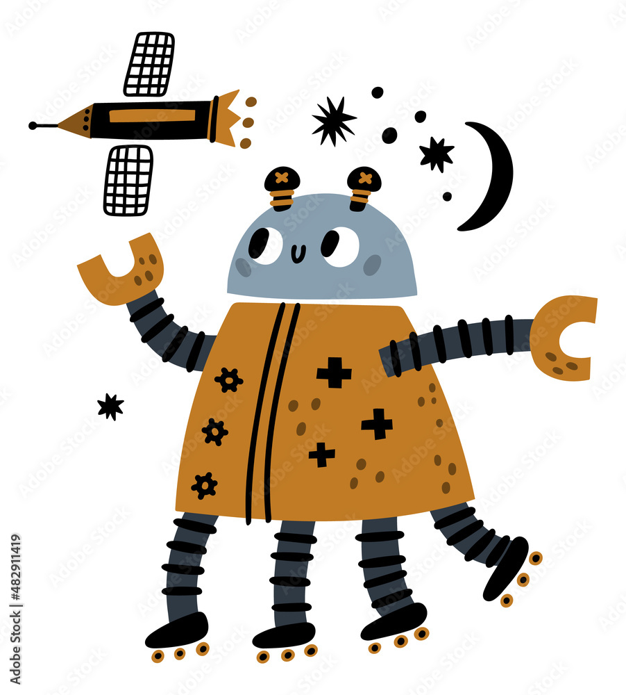 Cute futuristic robot running with flying space ship