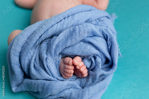 feet of a newborn baby. legs on a blue background. baby feet © Svetlana