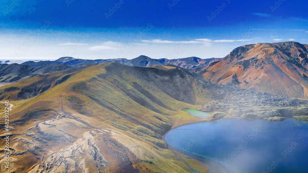 Lake and mountains of Landmannalaugar landscape in summer season, aerial view - Iceland - Europe
