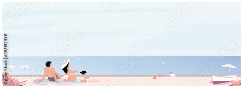 Wide panoramic of summer banner.Family outing to the beach in smmer,cleared sky,sea birds and breach.Concept of family people in summer. 