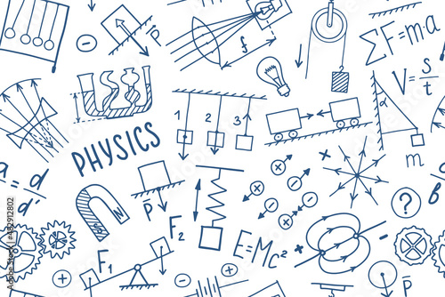 Phisics symbols doodle seamless pattern. Science subject cover template design. Education study concept. Back to school sketchy background for notebook, not pad, sketchbook. Hand drawn illustration. photo