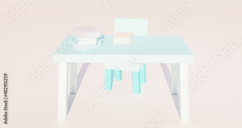 Blue table and chair low poly  heavenly atmosphere. 3d rendering. Front furniture.