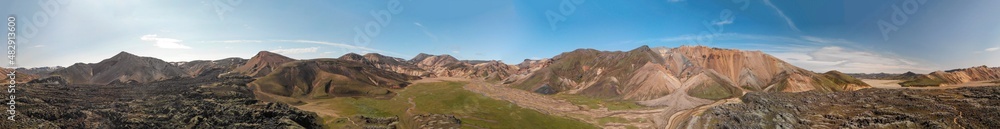 Panoramic aerial view of Landmannalaugar landscape in summer season, Iceland from drone.