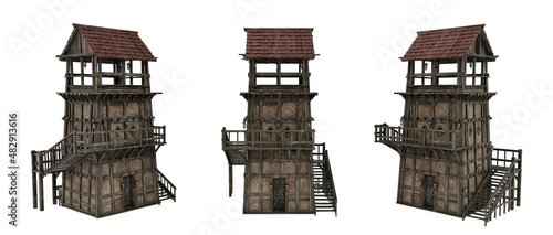Medieval tower building with timber and stone construction. 3D illustration with 3 different angles isolated on white. photo