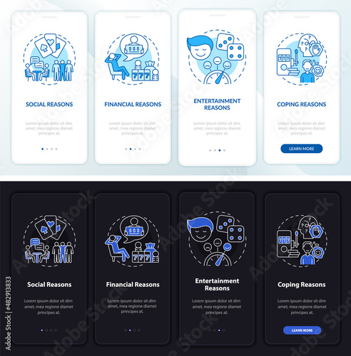 Gamble causes night and day mode onboarding mobile app screen. Psychology walkthrough 4 steps graphic instructions pages with linear concepts. UI, UX, GUI template. Myriad Pro-Bold, Regular fonts used