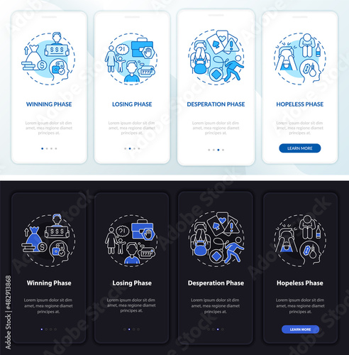 Gambling addiction steps night and day mode onboarding mobile app screen. Walkthrough 4 steps graphic instructions pages with linear concepts. UI, UX, GUI template. Myriad Pro-Bold, Regular fonts used